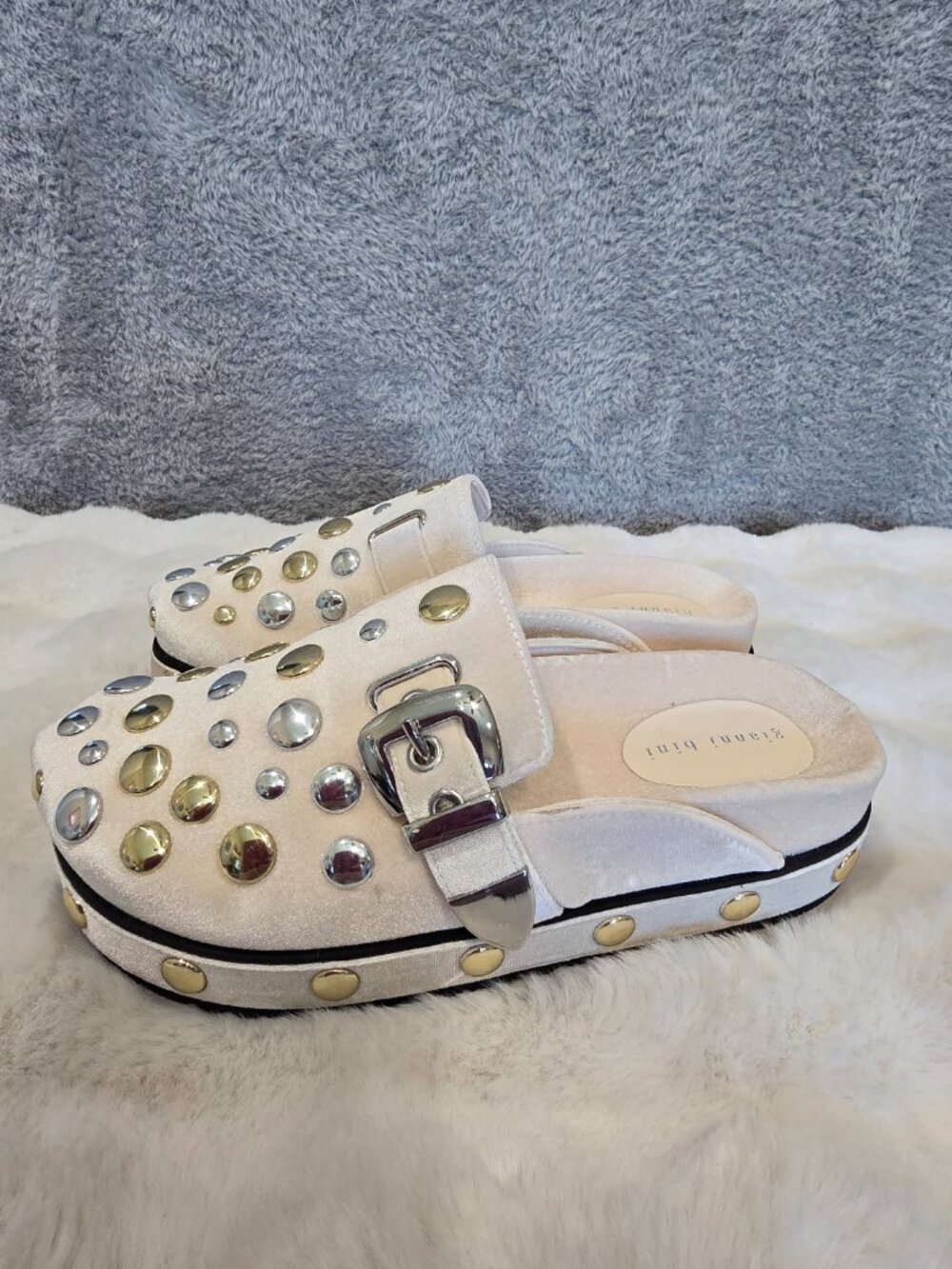 Gianni Bini Nude Slip-On Mules with Mixed Metal Studs - Picture 2 of 8